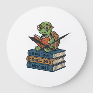 Cute Reading Turtle on Books Vintage Vector_1 Large Clock