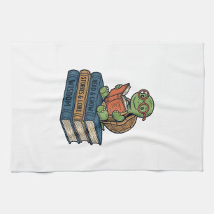Cute Reading Turtle on Books Vintage Vector_1 Tea Towel