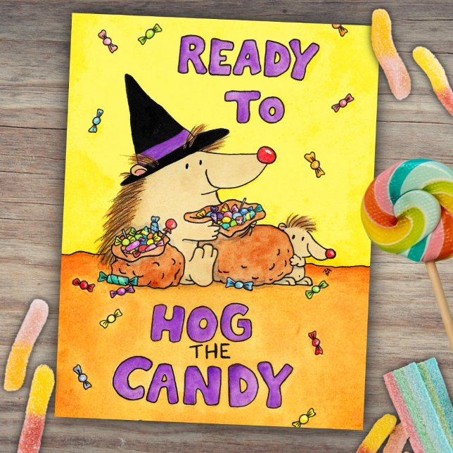 Cute Ready to Hog the Candy Hedgehog Halloween Postcard (Creator Uploaded)