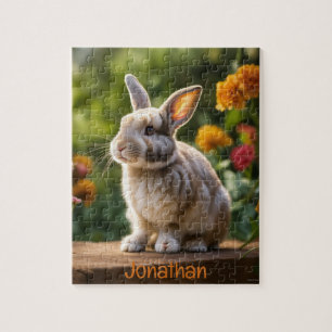 cute realistic bunny on spring orange flowers jigsaw puzzle