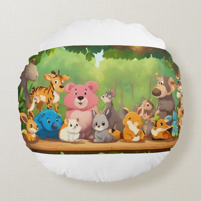 Cute Realistic Cartoon Animals Around Blank Forest Round Cushion (Front)