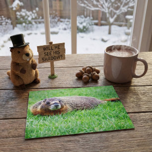 Cute Realistic Groundhog Peeking In Green Grass Postcard