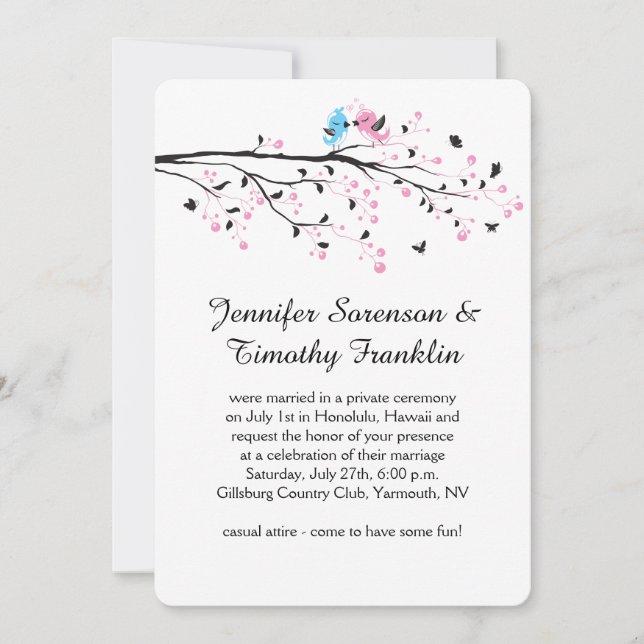 Cute Reception Only Lovebirds Blossoms Butterflies Invitation (Front)