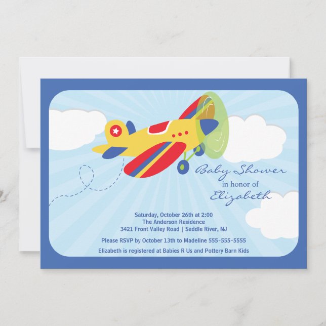 Cute Red Aeroplane Boy Baby Shower Invitation (Front)