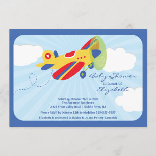 Cute Red Aeroplane Boy Baby Shower Invitation