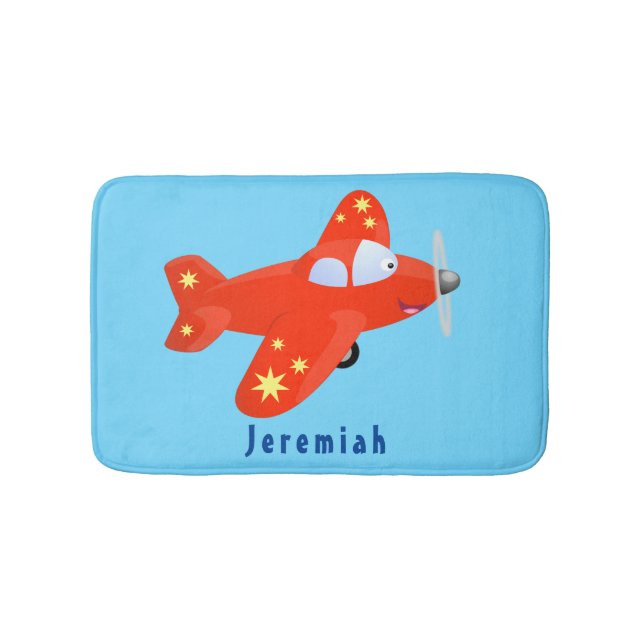 Cute red aeroplane flying cartoon illustration bath mat (Front)