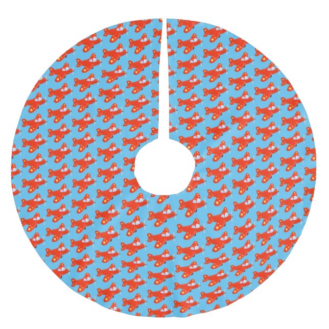 Cute red aeroplane flying cartoon illustration brushed polyester tree skirt (Front)