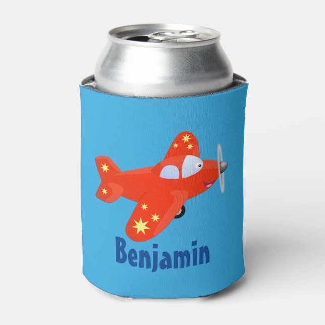 Cute red aeroplane flying cartoon illustration can cooler (Can Front)