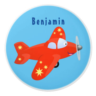 Cute red aeroplane flying cartoon illustration ceramic knob