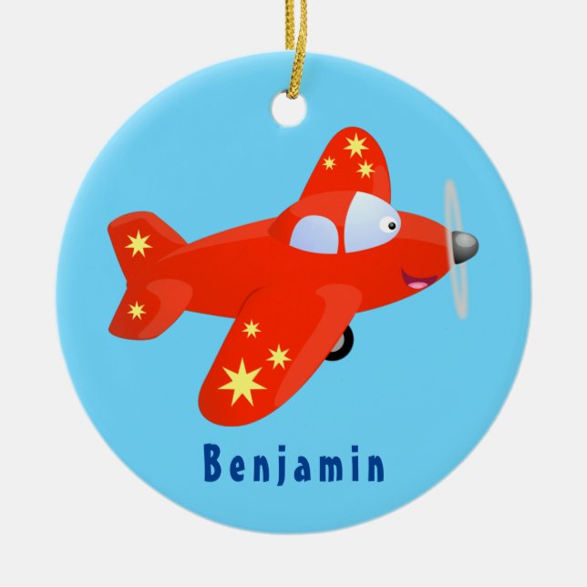 Cute red aeroplane flying cartoon illustration ceramic ornament (Front)