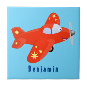 Cute red aeroplane flying cartoon illustration ceramic tile