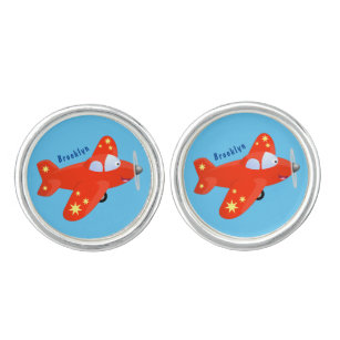 Cute red aeroplane flying cartoon illustration cufflinks