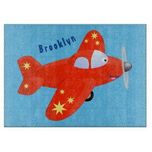 Cute red aeroplane flying cartoon illustration cutting board