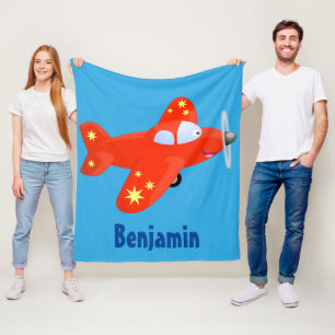 Cute red aeroplane flying cartoon illustration fleece blanket