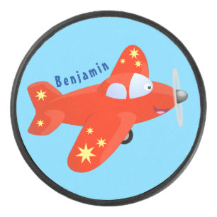 Cute red aeroplane flying cartoon illustration hockey puck