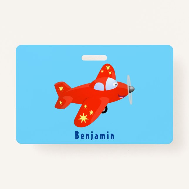 Cute red aeroplane flying cartoon illustration ID badge (Front)