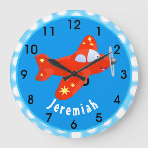 Cute red aeroplane flying cartoon illustration large clock