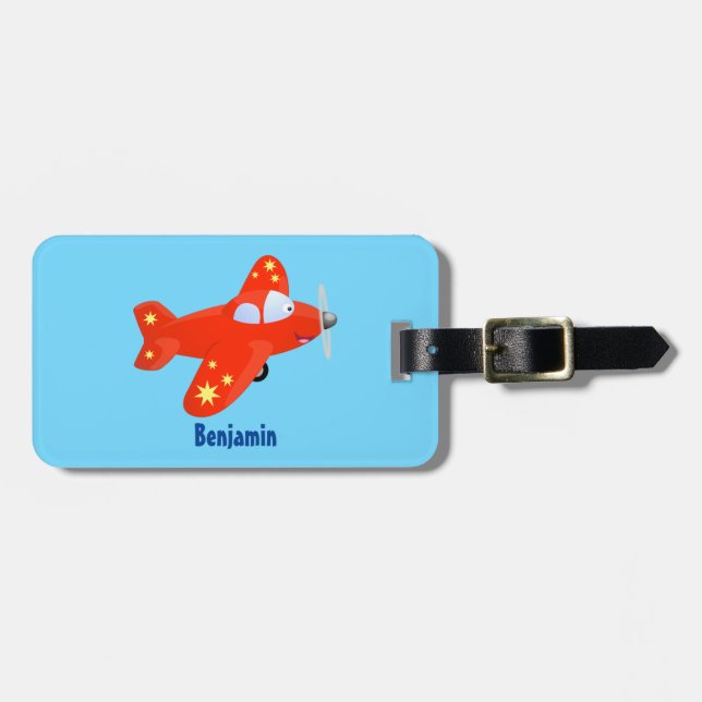 Cute red aeroplane flying cartoon illustration luggage tag (Front Horizontal)