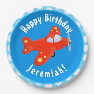 Cute red aeroplane flying cartoon illustration paper plate