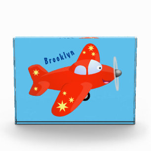 Cute red aeroplane flying cartoon illustration photo block