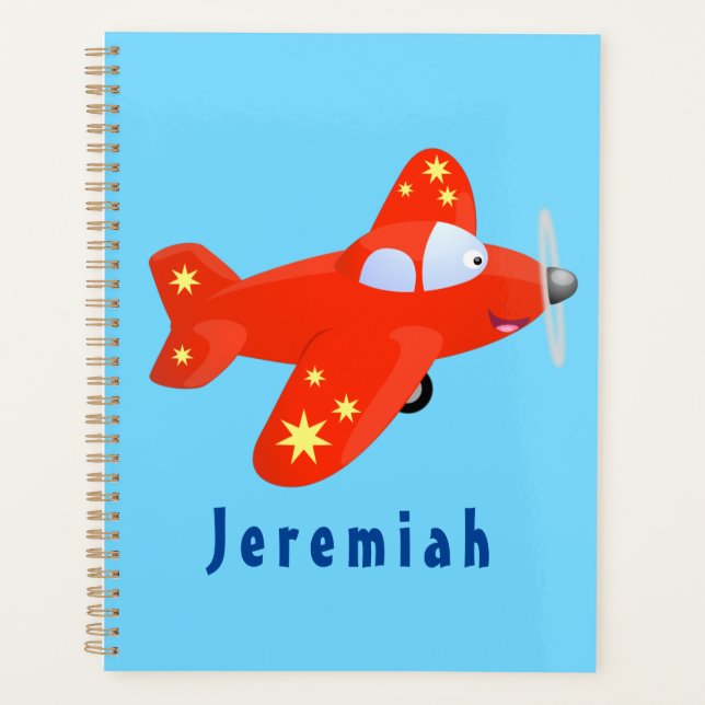 Cute red aeroplane flying cartoon illustration planner (Front)