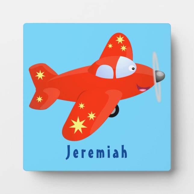 Cute red aeroplane flying cartoon illustration plaque (Front)