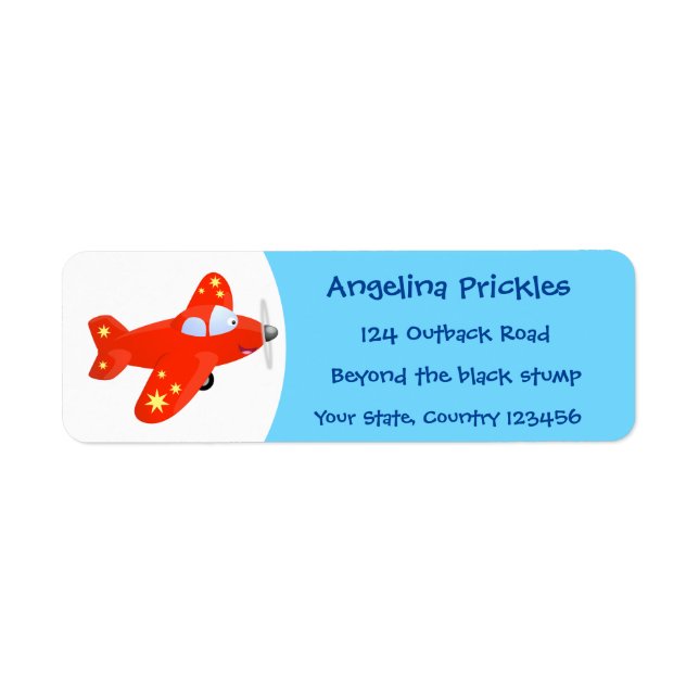 Cute red aeroplane flying cartoon illustration return address label (Front)