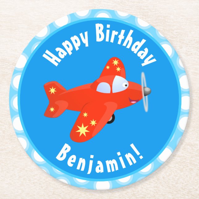 Cute red aeroplane flying cartoon illustration round paper coaster (Front)