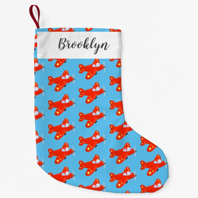 Cute red aeroplane flying cartoon illustration small christmas stocking (Front)