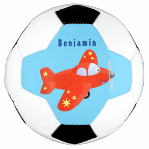 Cute red aeroplane flying cartoon illustration soccer ball