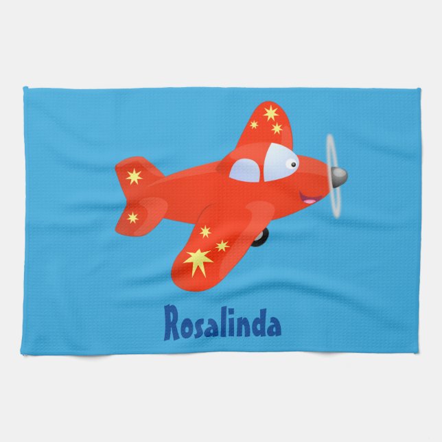 Cute red aeroplane flying cartoon illustration tea towel (Horizontal)