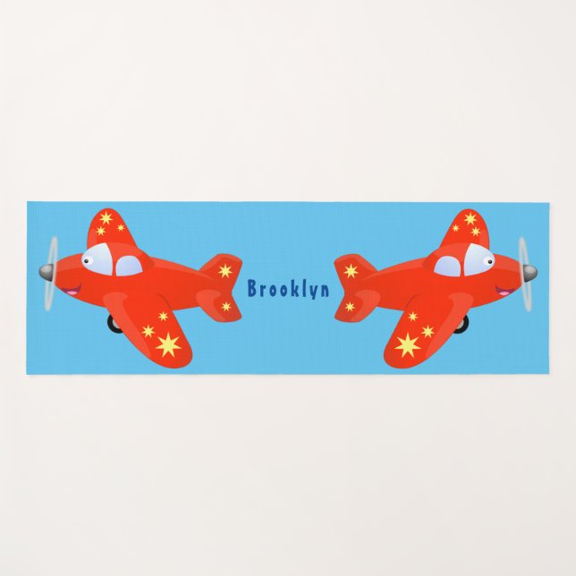 Cute red aeroplane flying cartoon illustration yoga mat (Front (Horizontal))