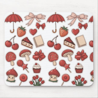 Cute Red Aesthetic Mushroom Strawberry Dessert Pat Mouse Pad