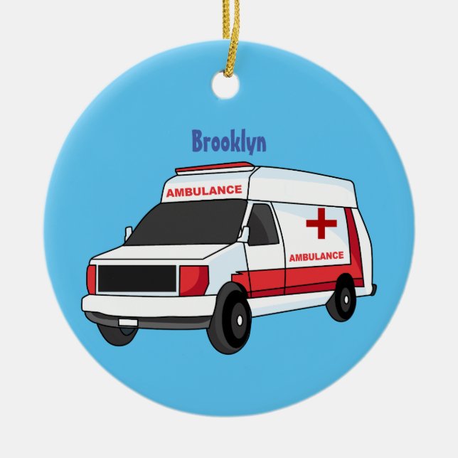 Cute red ambulance van cartoon  ceramic ornament (Front)