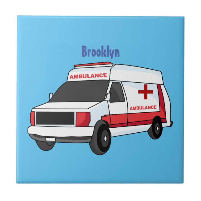 Cute red ambulance van cartoon ceramic tile (Front)