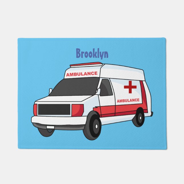 Cute red ambulance van cartoon doormat (Front)