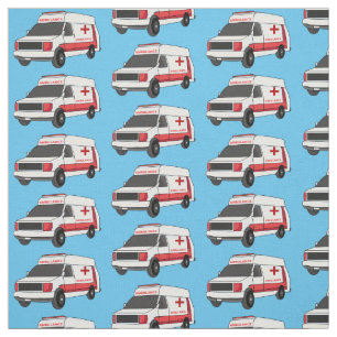 Cute red ambulance van cartoon fabric