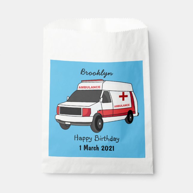 Cute red ambulance van cartoon favour bag (Front)