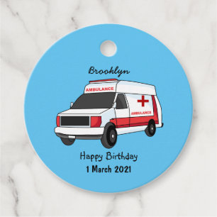 Cute red ambulance van cartoon favour tags