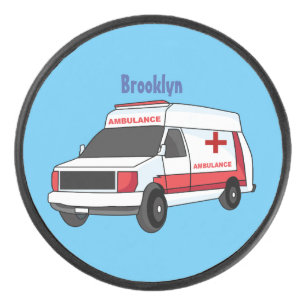Cute red ambulance van cartoon hockey puck