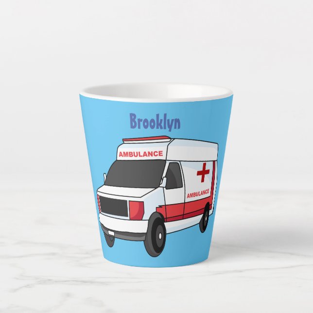 Cute red ambulance van cartoon latte mug (Front)