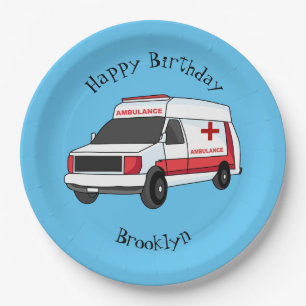 Cute red ambulance van cartoon paper plate