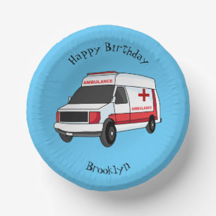 Cute red ambulance van cartoon paper plate