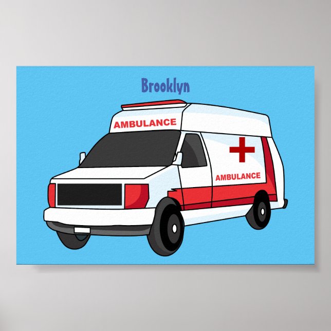 Cute red ambulance van cartoon poster (Front)
