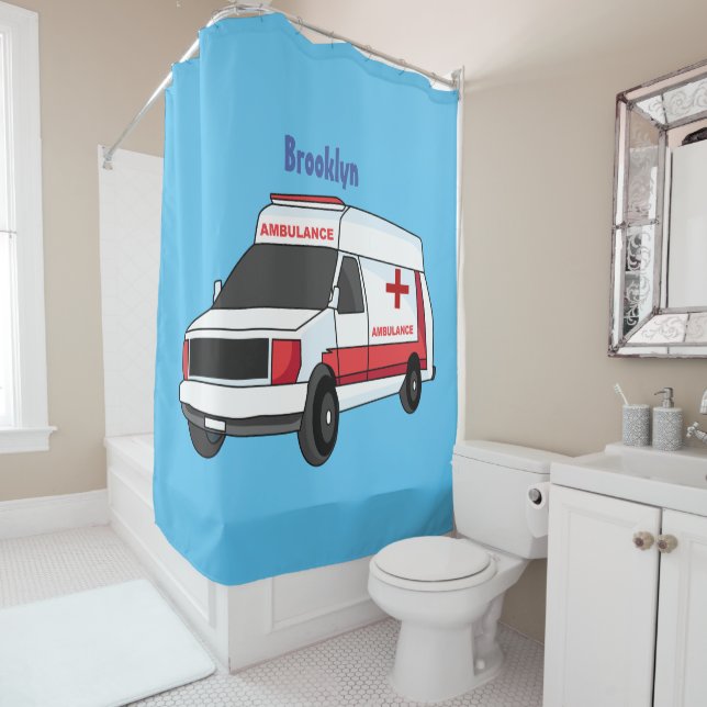Cute red ambulance van cartoon shower curtain (In Situ)