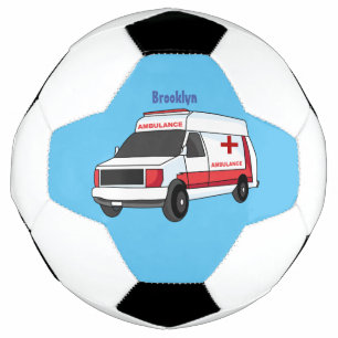 Cute red ambulance van cartoon soccer ball