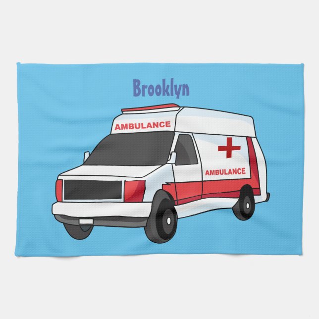 Cute red ambulance van cartoon  tea towel (Horizontal)