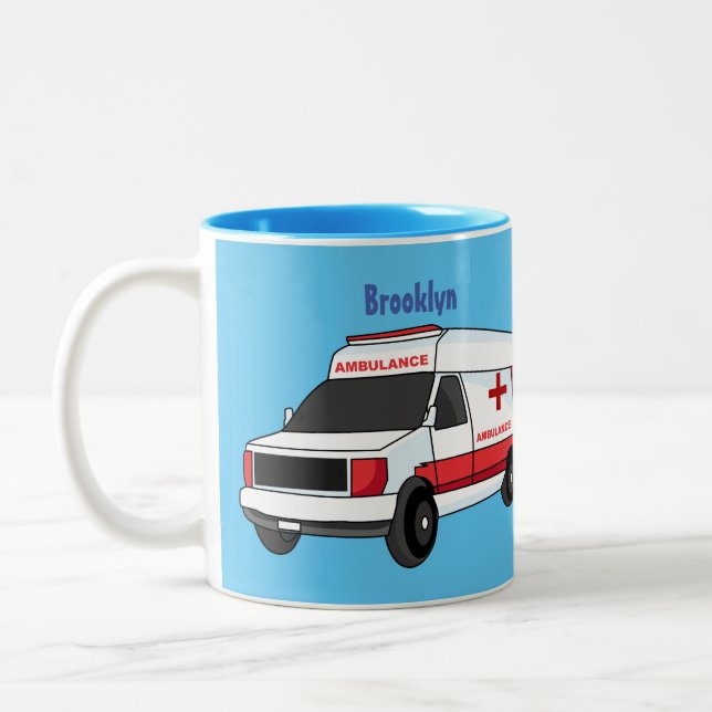 Cute red ambulance van cartoon Two-Tone coffee mug (Left)