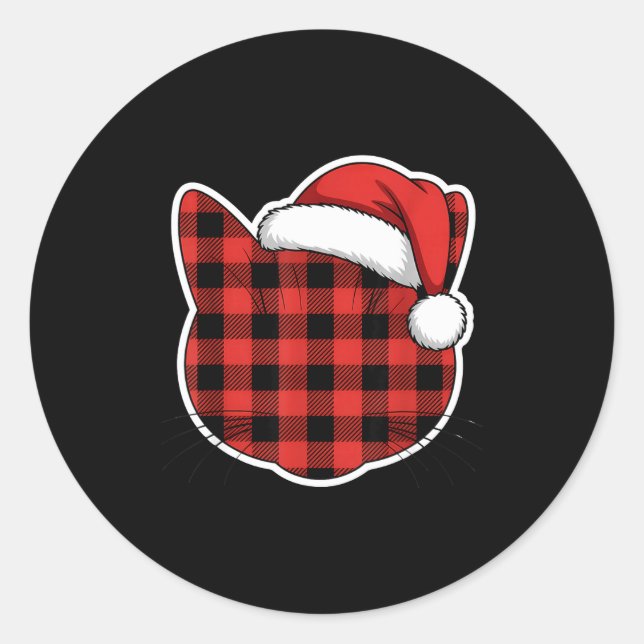 Cute Red And Black Buffalo Plaid Cat Christmas San Classic Round Sticker (Front)