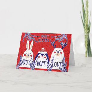 Cute Red and Blue Christmas Woodland Creatures Holiday Card
